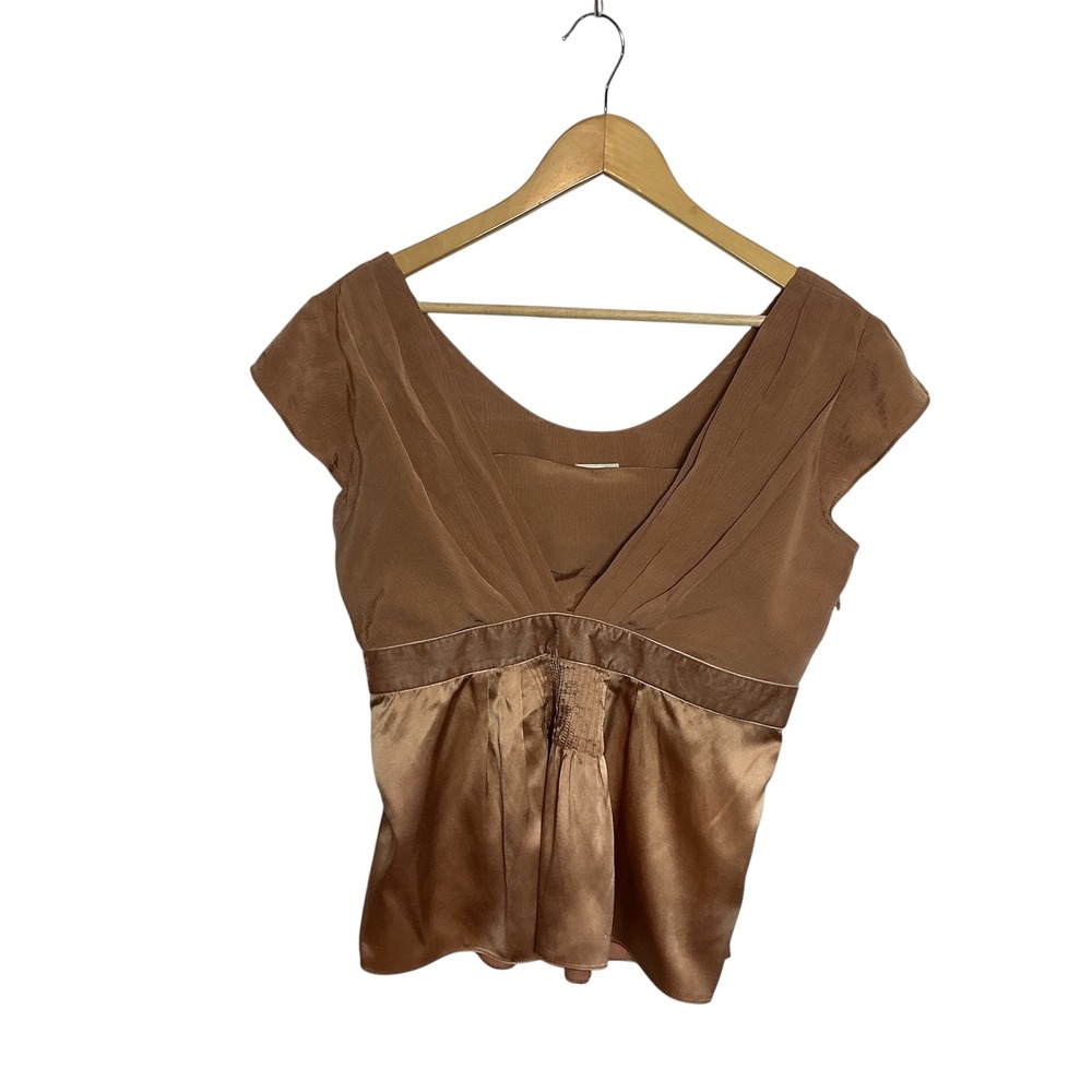 Odille Anthropologie Size 6 Silk V-Neck Cap Sleeve Empire Velvet Waist Top Brown